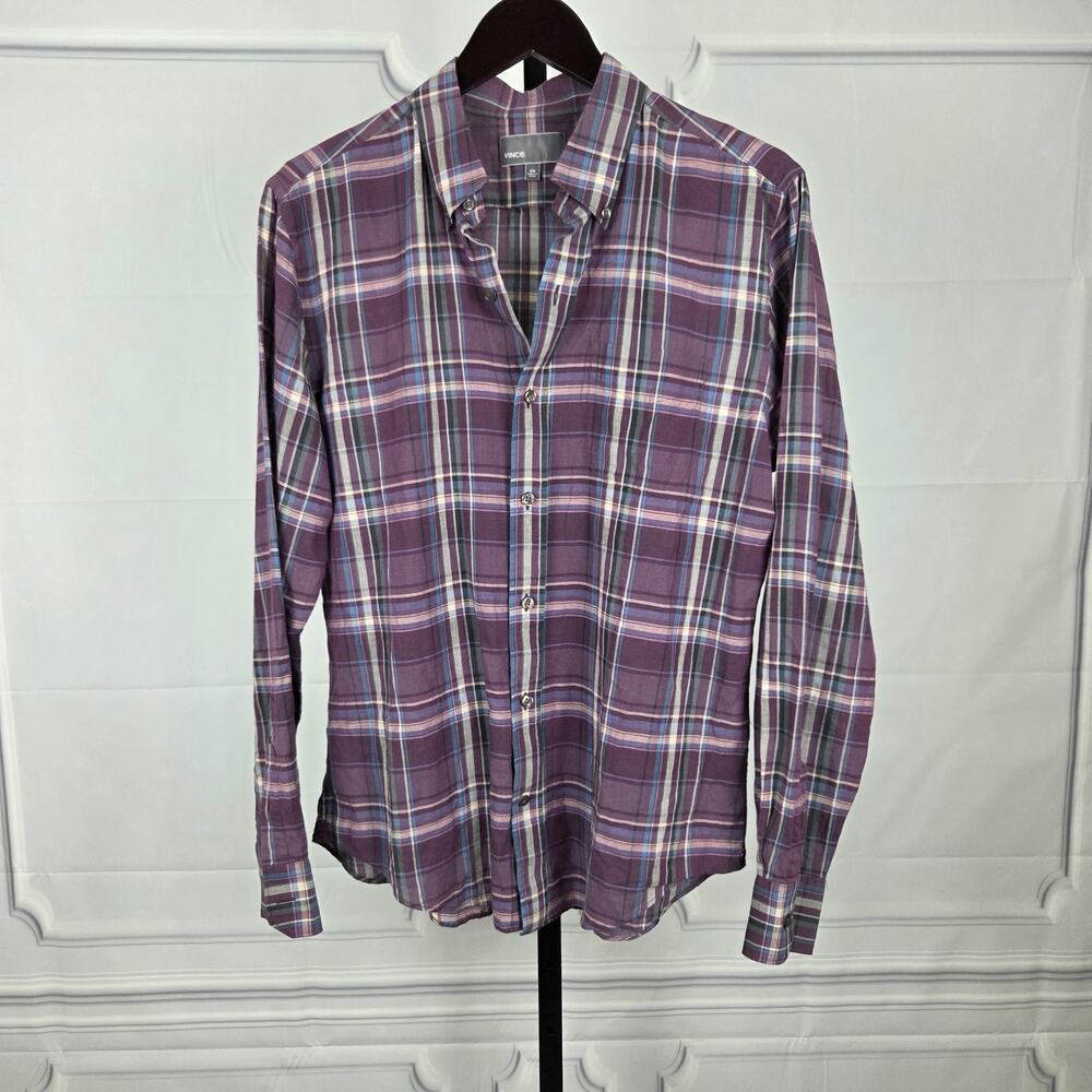 Vince Plaid Button Down Shirt Medium Purple 100% Cotton